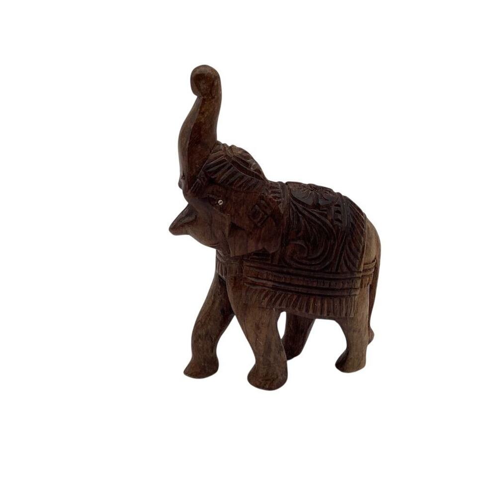Hand-Carved Elephant Figurine 7” Brown Decorative Home Decor